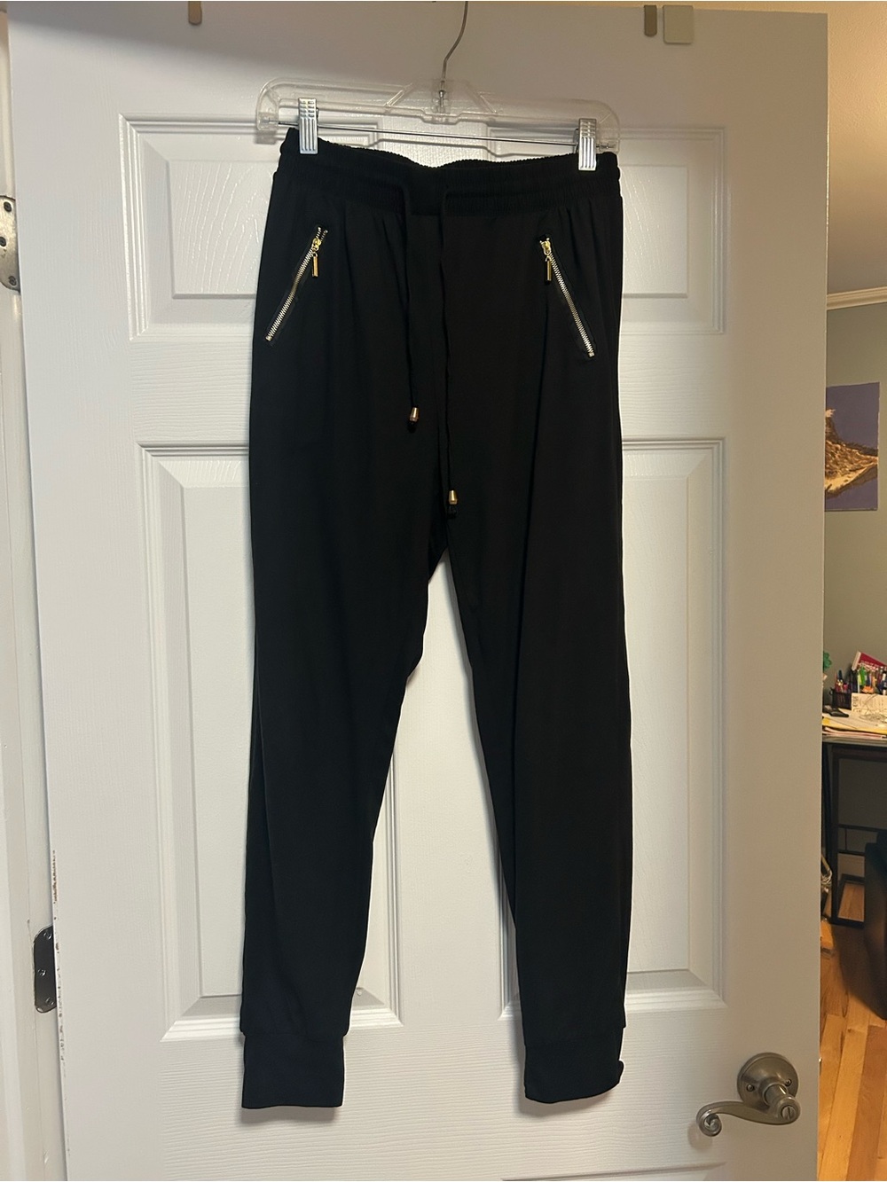Women's Black Straight-Leg Jogger Pants with Gold Zippers